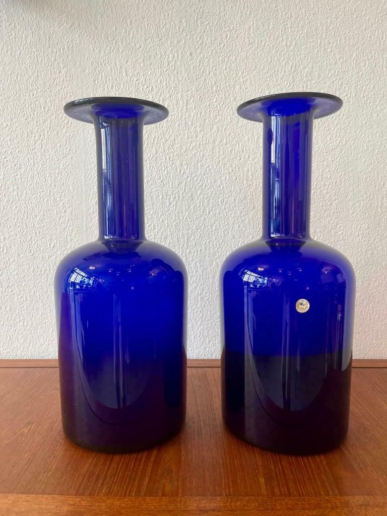 2 Blue "Gulvase" Glass Vases By Otto Bauer Produced By Holmegaard, Denmark 1960s photo furniture