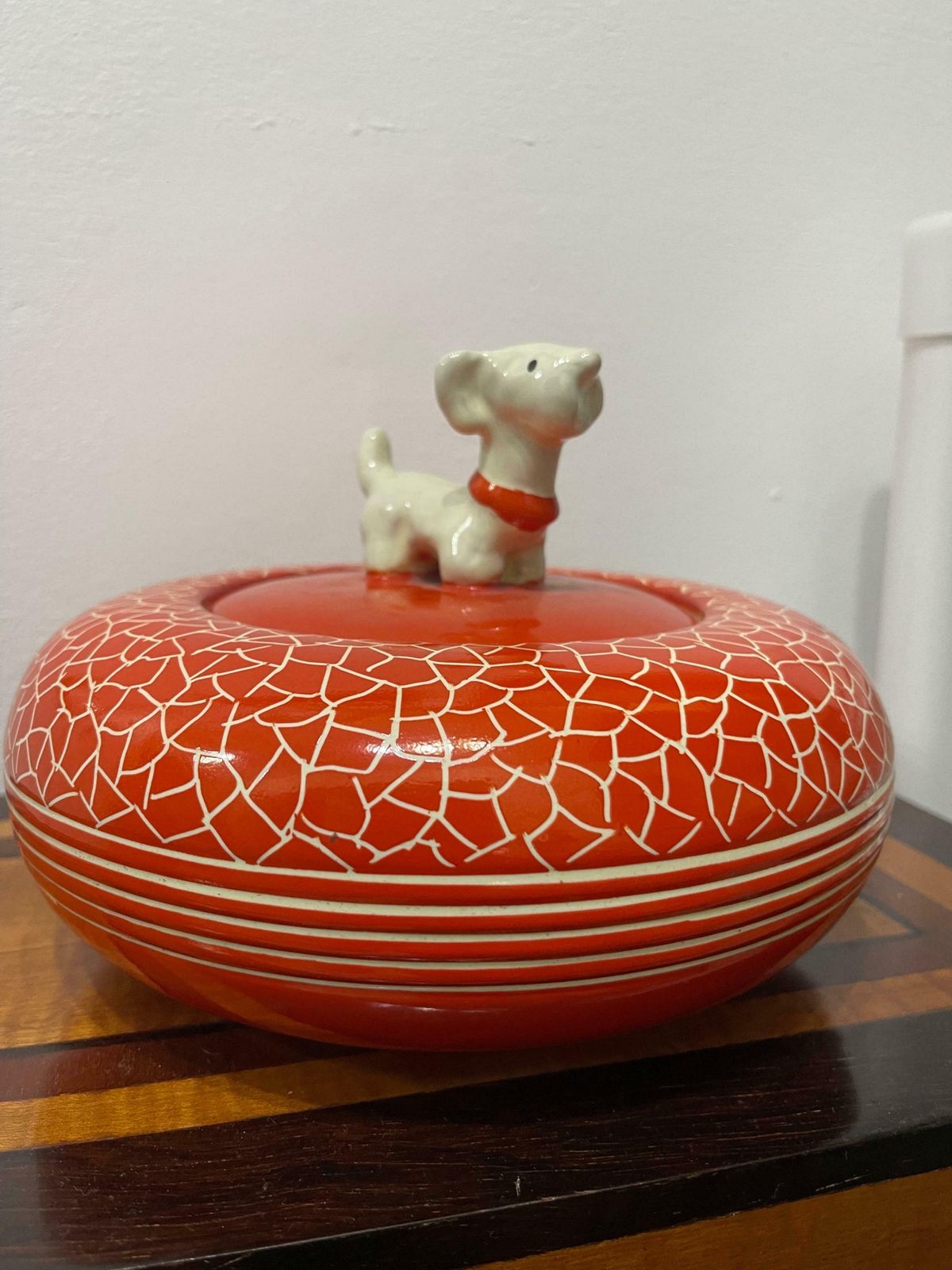 Italian Decorative Ceramic Box 1940 Perugia Coral Red Rometti Dog photo vintage