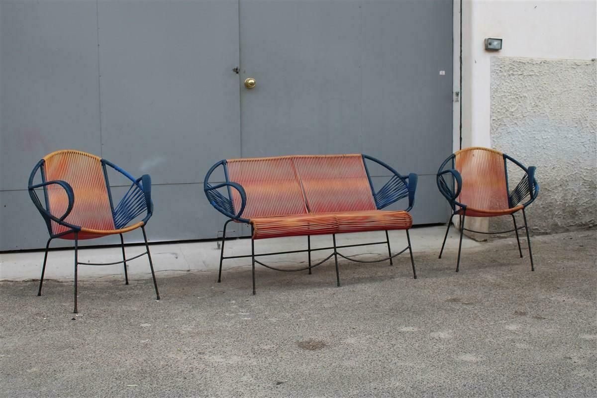 Mid Century Italian Red And Blue Metal And Plastic Sofa And Armchairs 1950s photo furniture