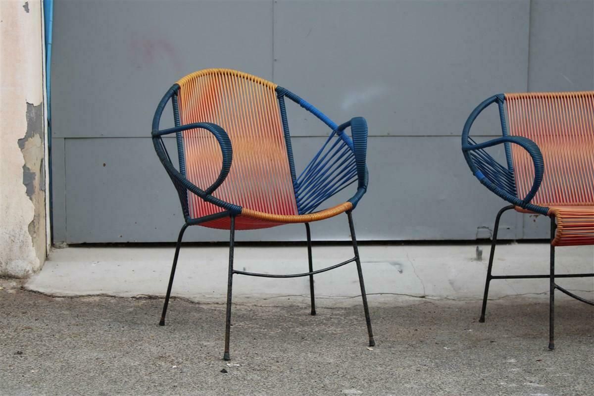 Mid Century Italian Red And Blue Metal And Plastic Sofa And Armchairs 1950s photo for sale