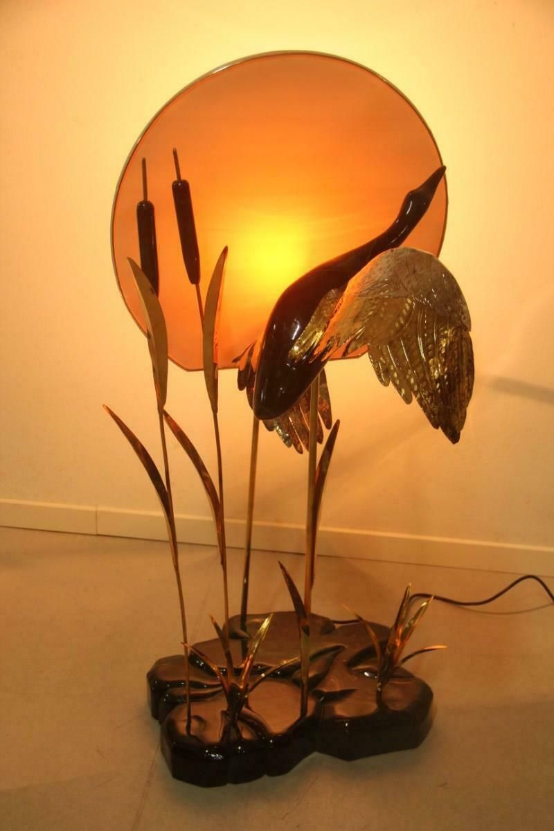 Duck Floor Lamp In Flight In Its Lake Malachite Brass Design Italian 1970s photo for sale