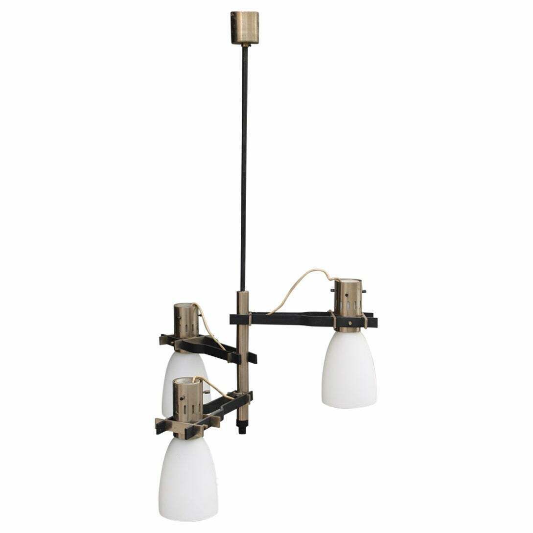 Italian Stilnovo Chandelier In Black And Nickel Plated Metal Satin Glass Bowls