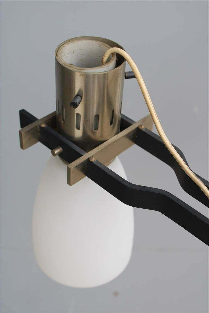 photo buy Italian Stilnovo Chandelier In Black And Nickel Plated Metal Satin Glass Bowls