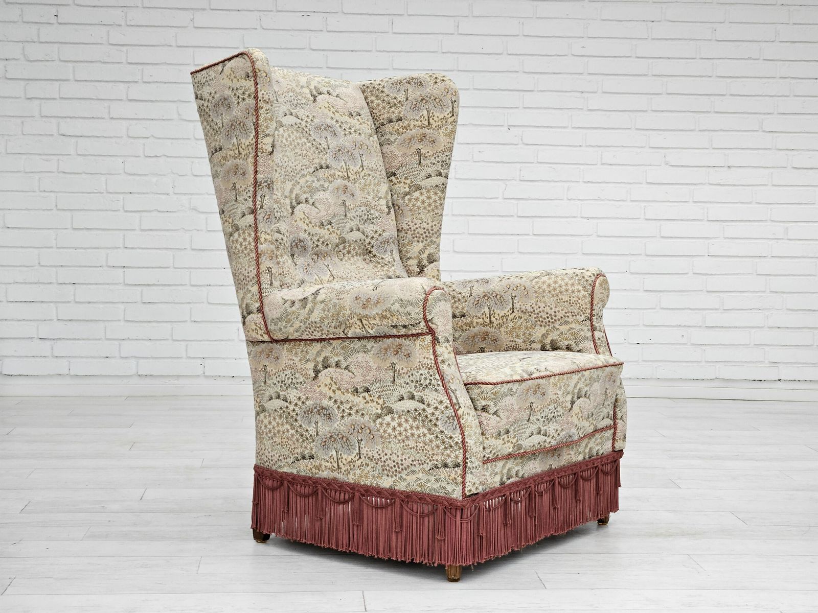1955 60s, Danish Design, High Back Armchair In Floral Multicolor Fabric, Original Condition.