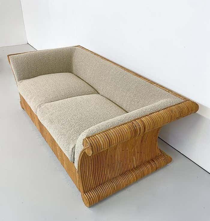 Mid Century Modern Rattan Two Seater, Beige Boucle Fabric, Italy, 1960s photo for sale