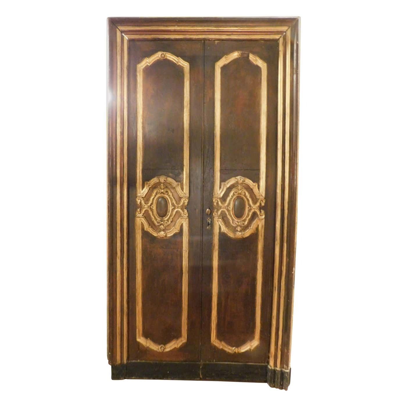 Set Of 2 Double Doors With Frames, Brown And Gold Lacquered, Italy