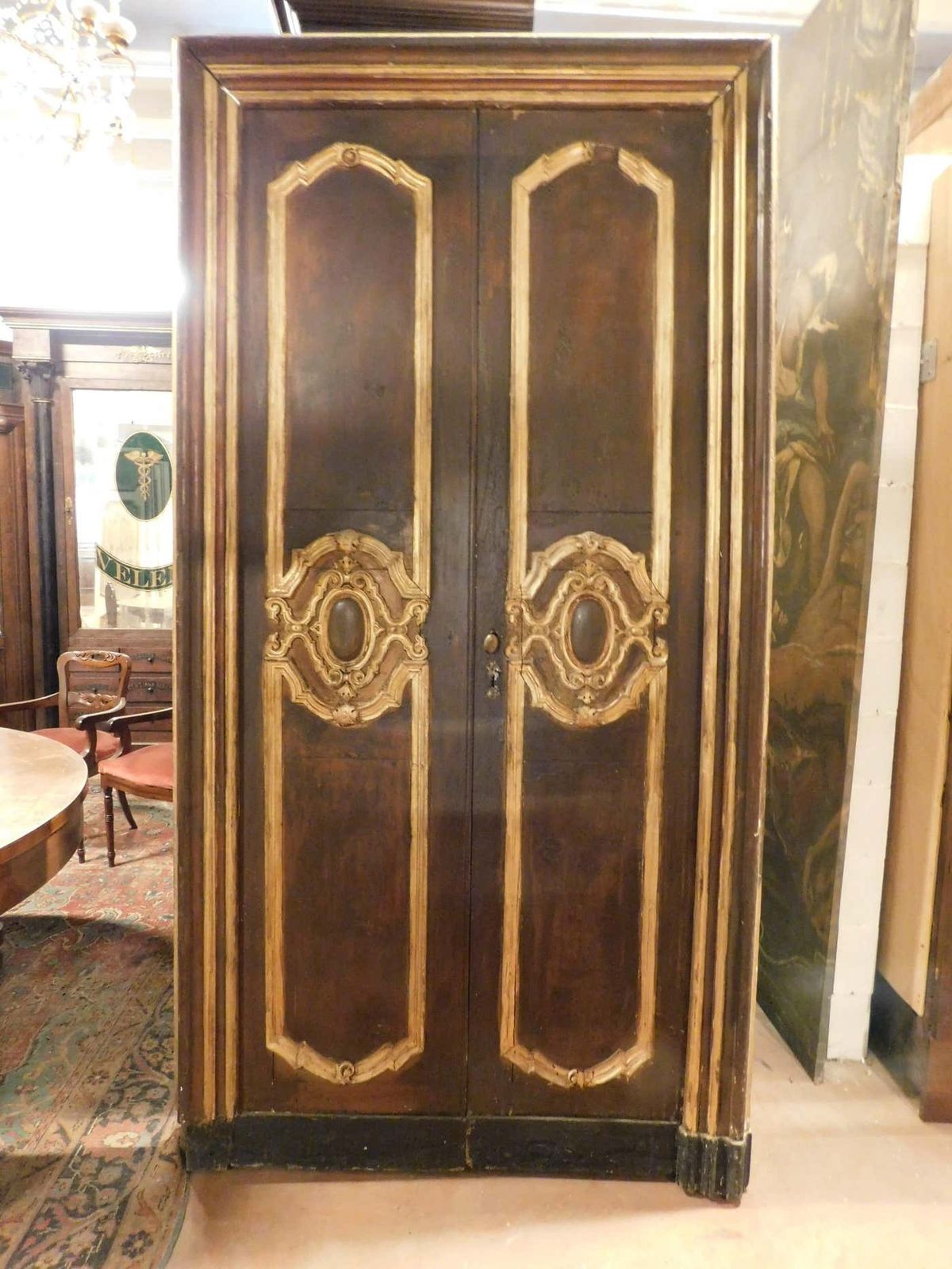 Set Of 2 Double Doors With Frames, Brown And Gold Lacquered, Italy photo for sale