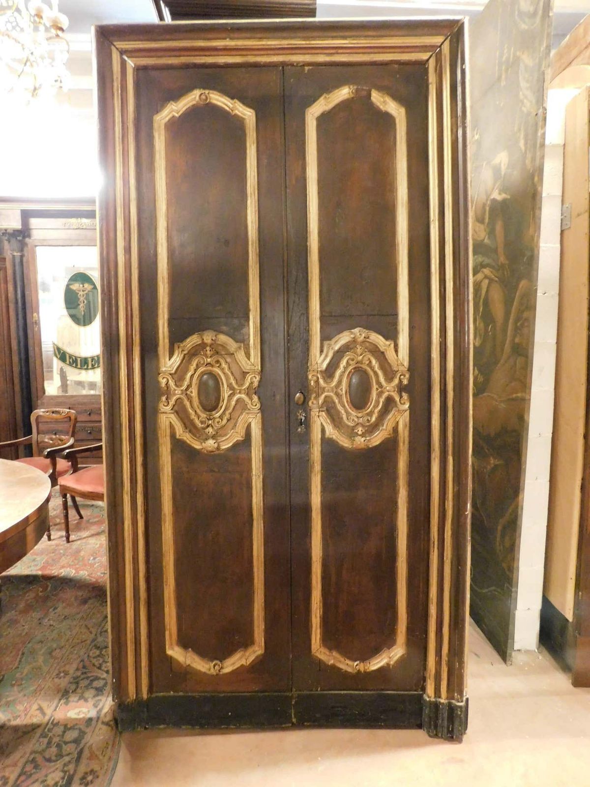 Set Of 2 Double Doors With Frames, Brown And Gold Lacquered, Italy photo Home Fixtures