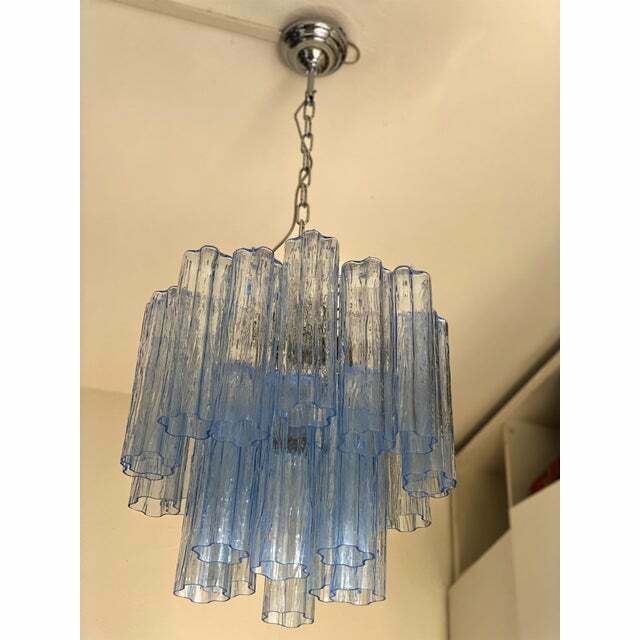 Contemporary Sky Blue “Tronchi” Murano Glass Chandelier In Venini Style photo Lighting