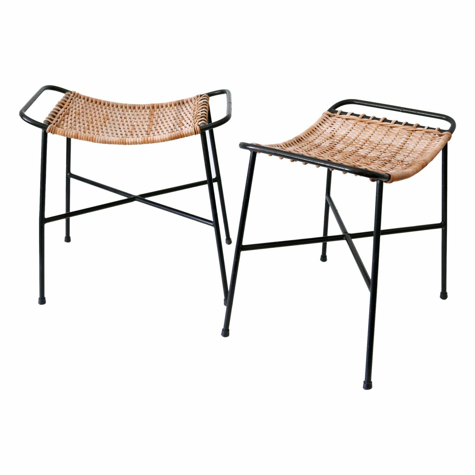 Set Of Two Lovely Mid Century Modern Rattan Stools Germany 1960s