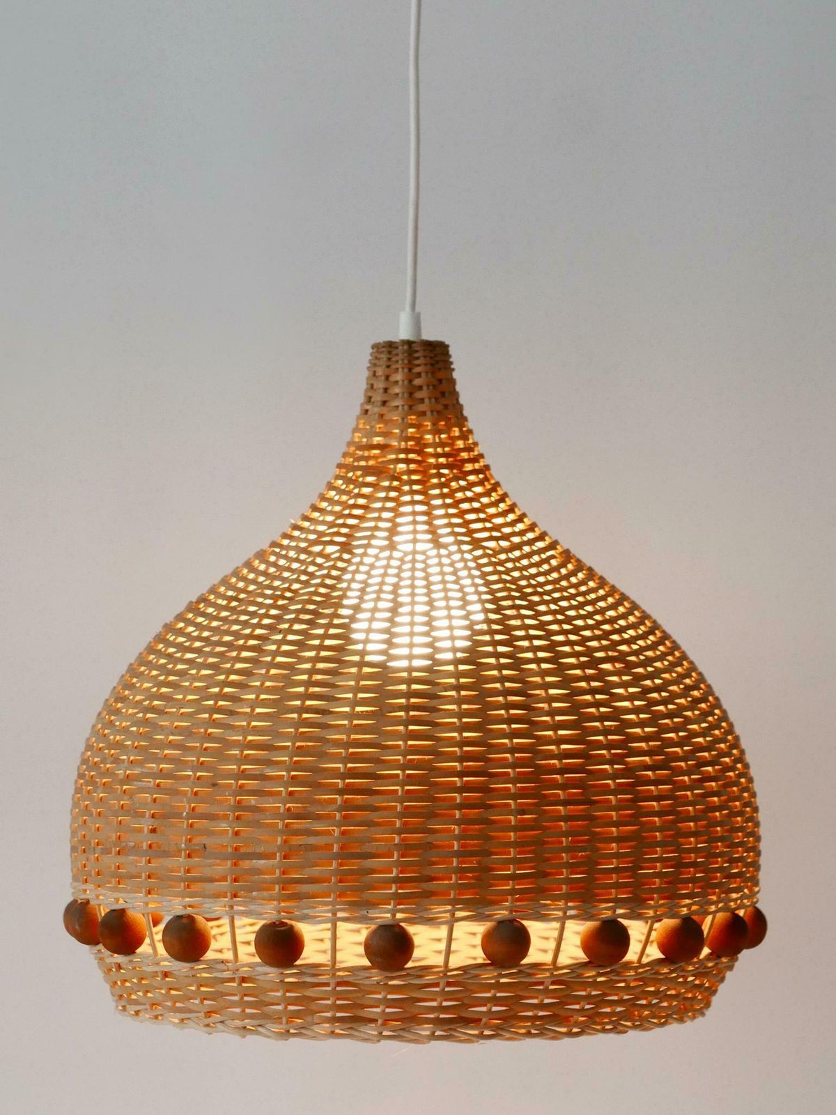 Mid Century Modern Rattan Tulip Pendant Lamps Or Hanging Lights Germany 1960s photo vintage