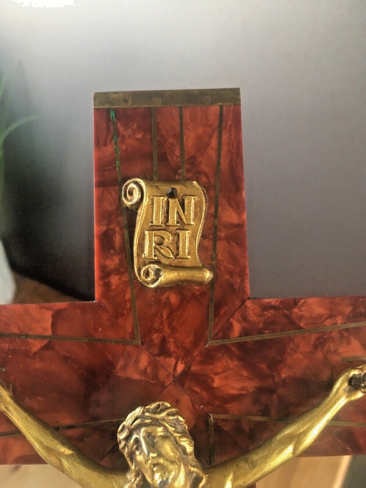 Antique French Art Deco Bakelite Brass Wall Hanging Crucifix Church Cross Jesus photo 85.0