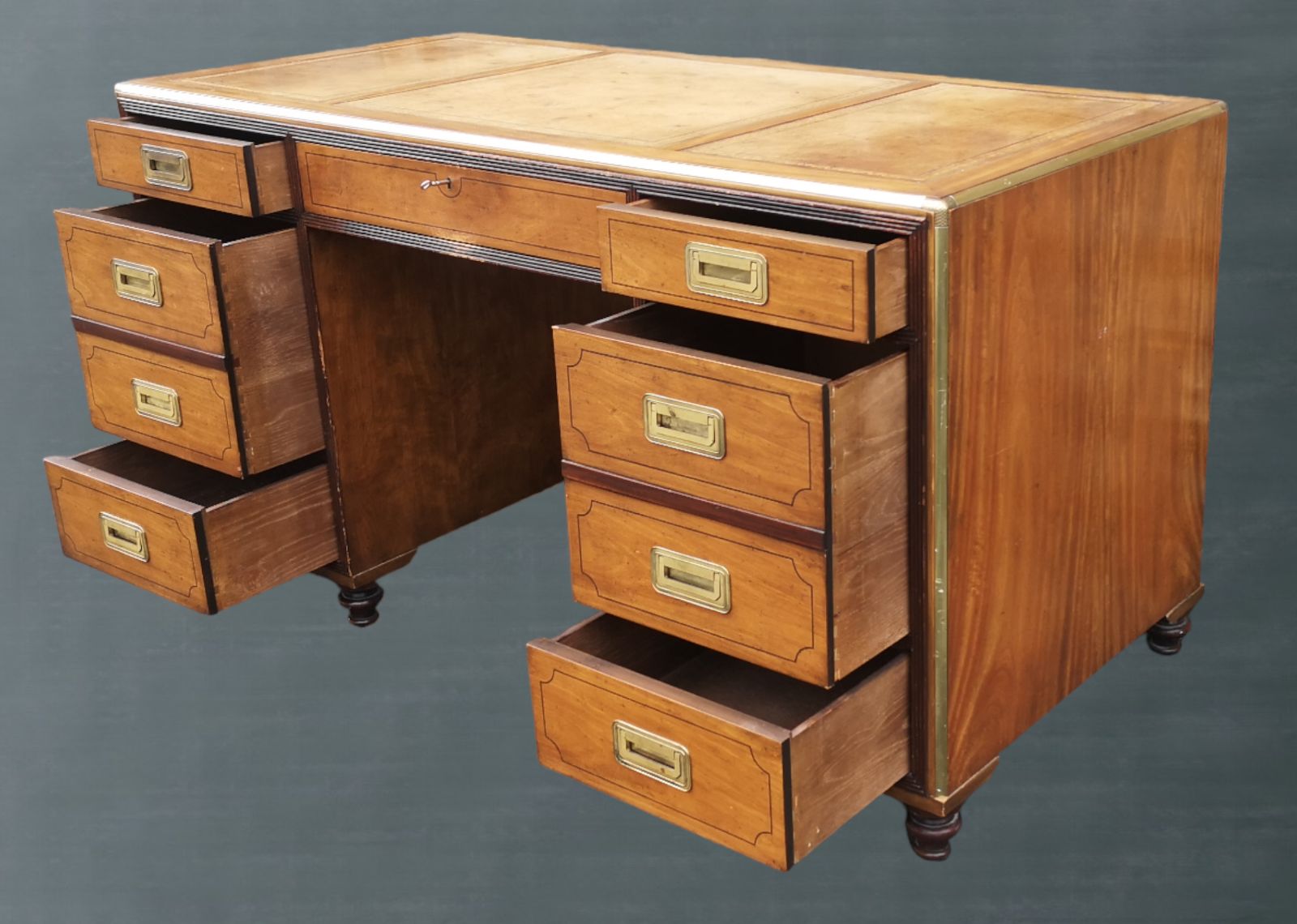 English Campaign Style Pedestal Desk By Baker Furniture Collectors Edition photo vinterior