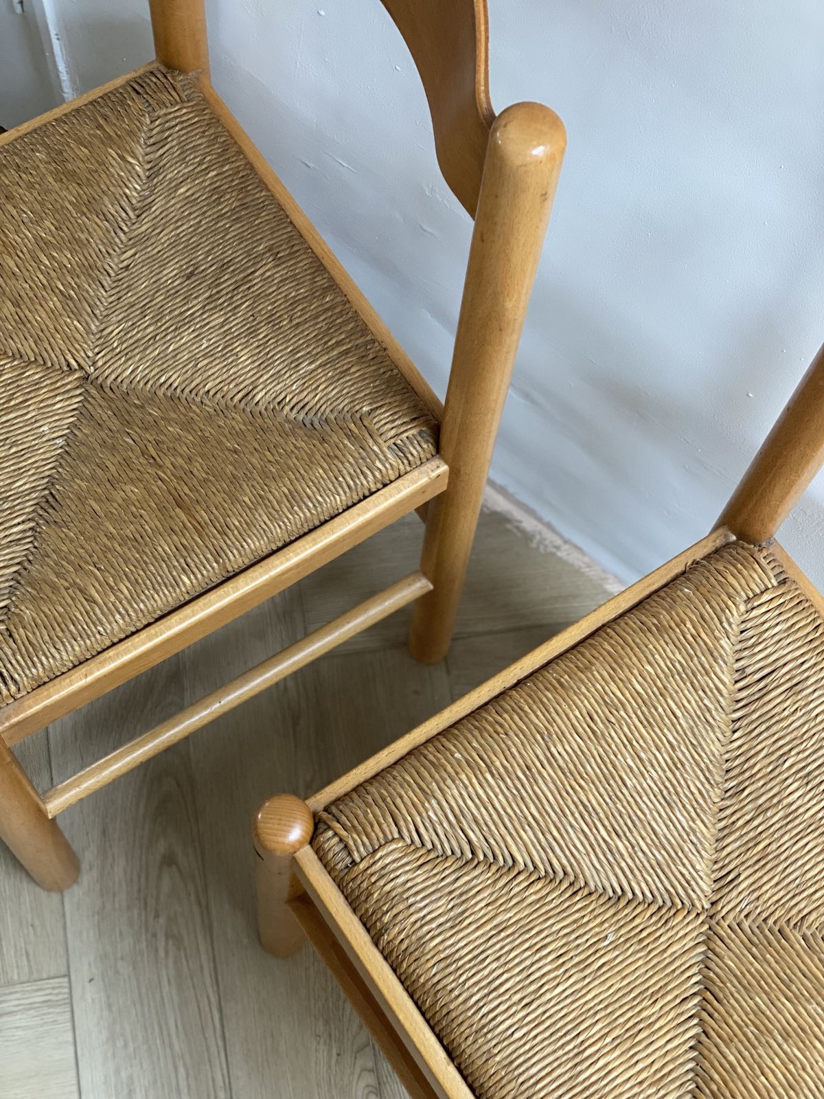 Vintage Italian Solid Wood Rush Dining Chairs In The Style Of Vico Magistretti photo for sale