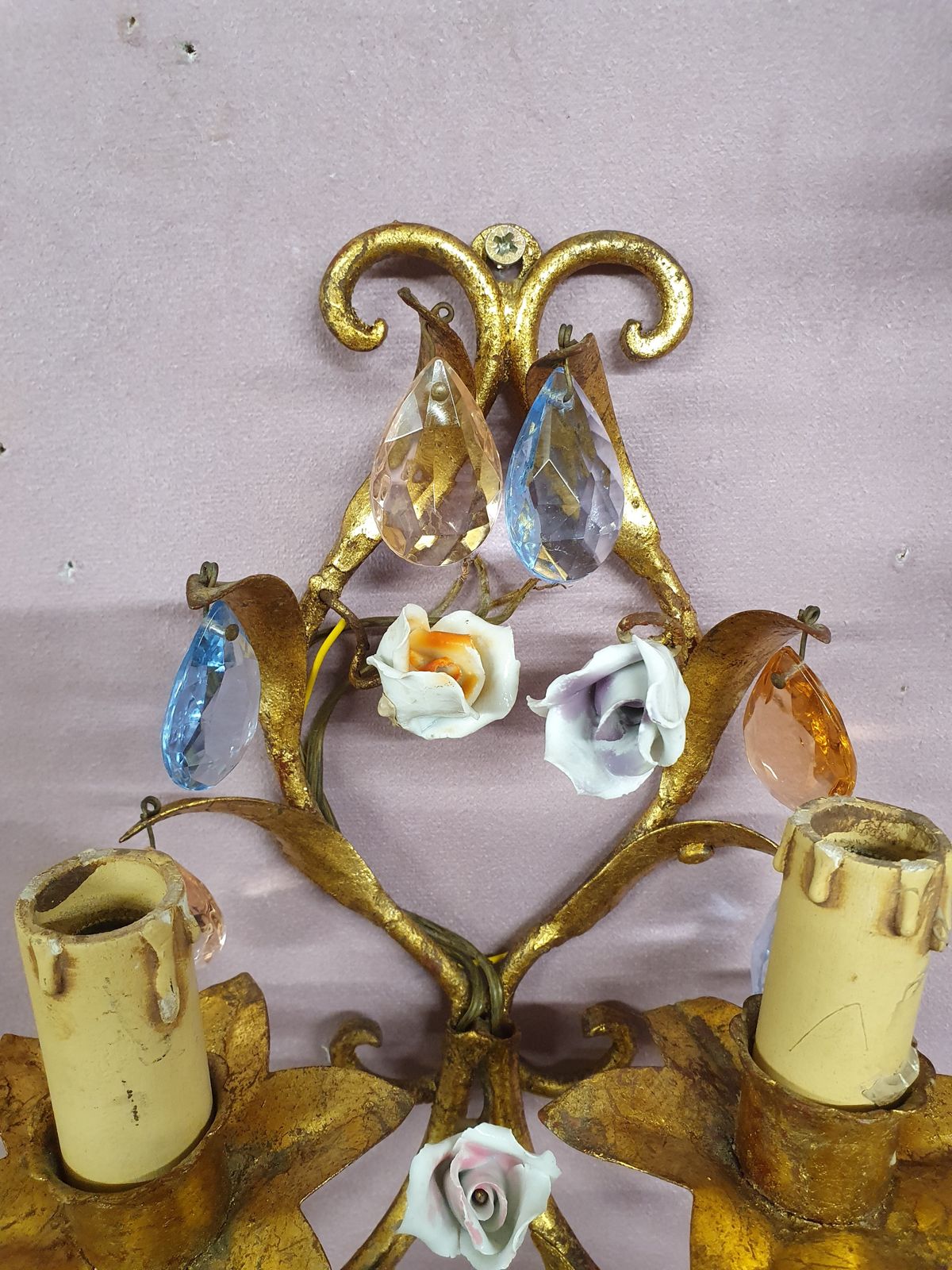 French Gilt Chandeliers And Wall Lights With Porcelain Flowers photo buy