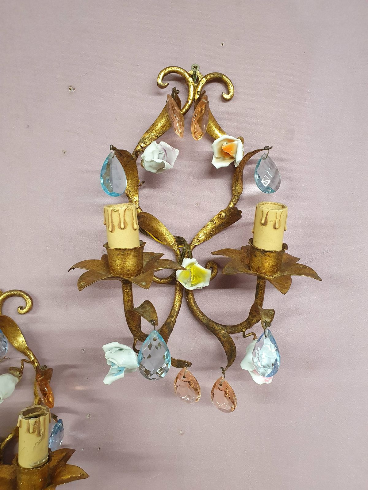 photo for sale French Gilt Chandeliers And Wall Lights With Porcelain Flowers
