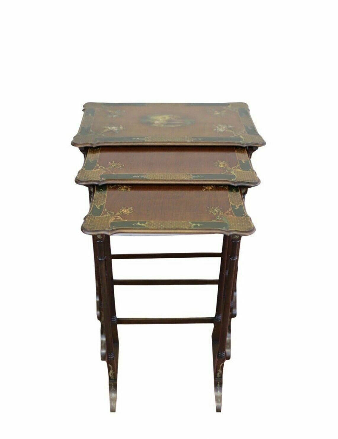 Fine Set Of Three Victorian Mahogany Hand Painted Nest Of Tables