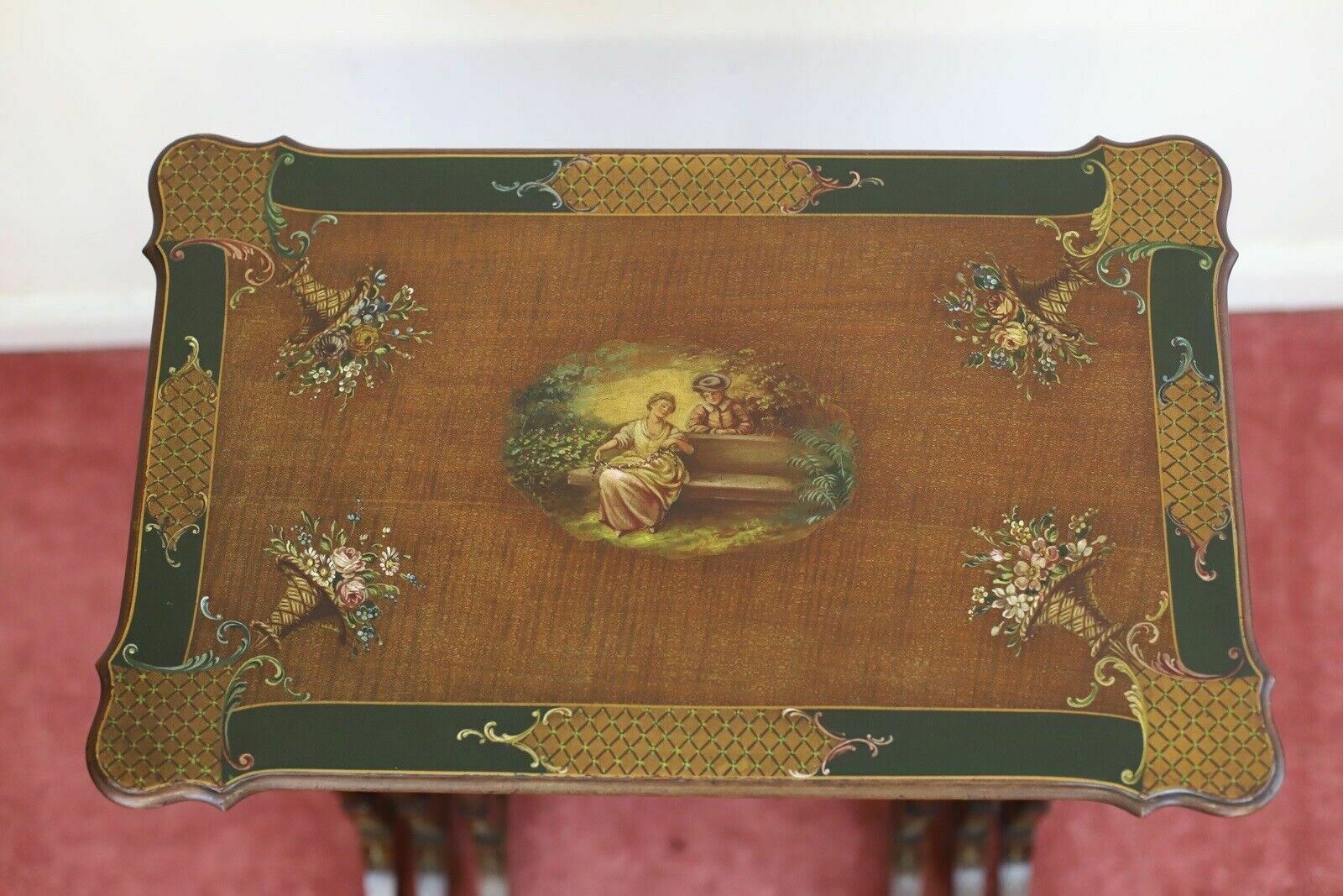 photo buy Fine Set Of Three Victorian Mahogany Hand Painted Nest Of Tables