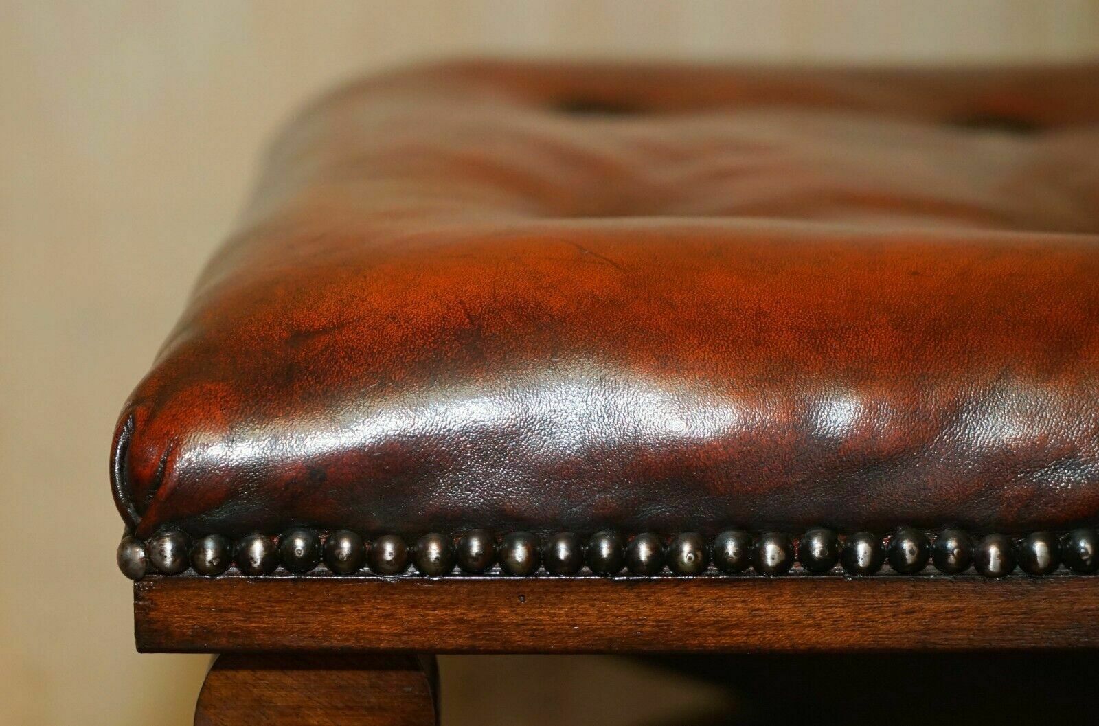 Pair Of Antique Regency Brown Leather Chesterfield Baron X Framed Footstools photo vinterior