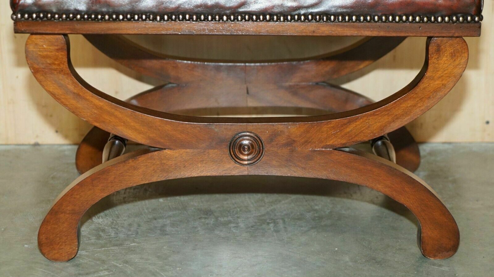 photo furniture Pair Of Antique Regency Brown Leather Chesterfield Baron X Framed Footstools