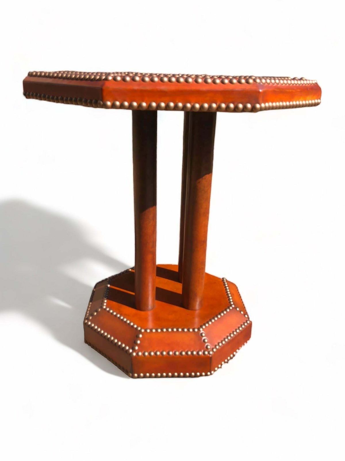 Beautiful Antique French Art Deco Studded Leather Bound Hexagonal Side/Lamp Table Circa 1920 photo for sale