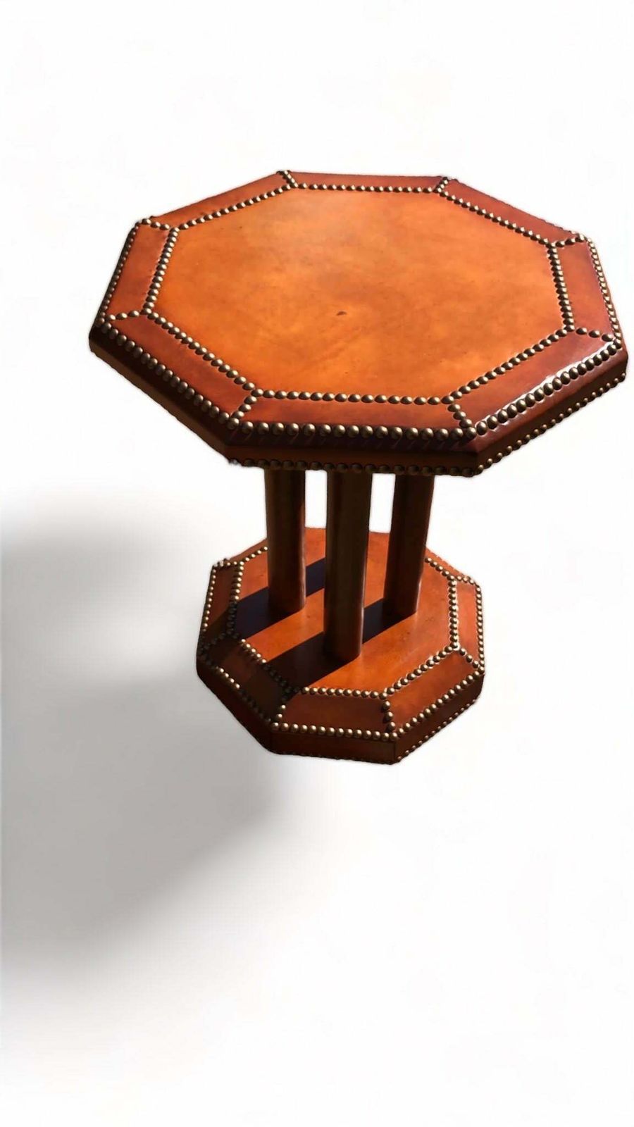 Beautiful Antique French Art Deco Studded Leather Bound Hexagonal Side/Lamp Table Circa 1920 photo 725.0