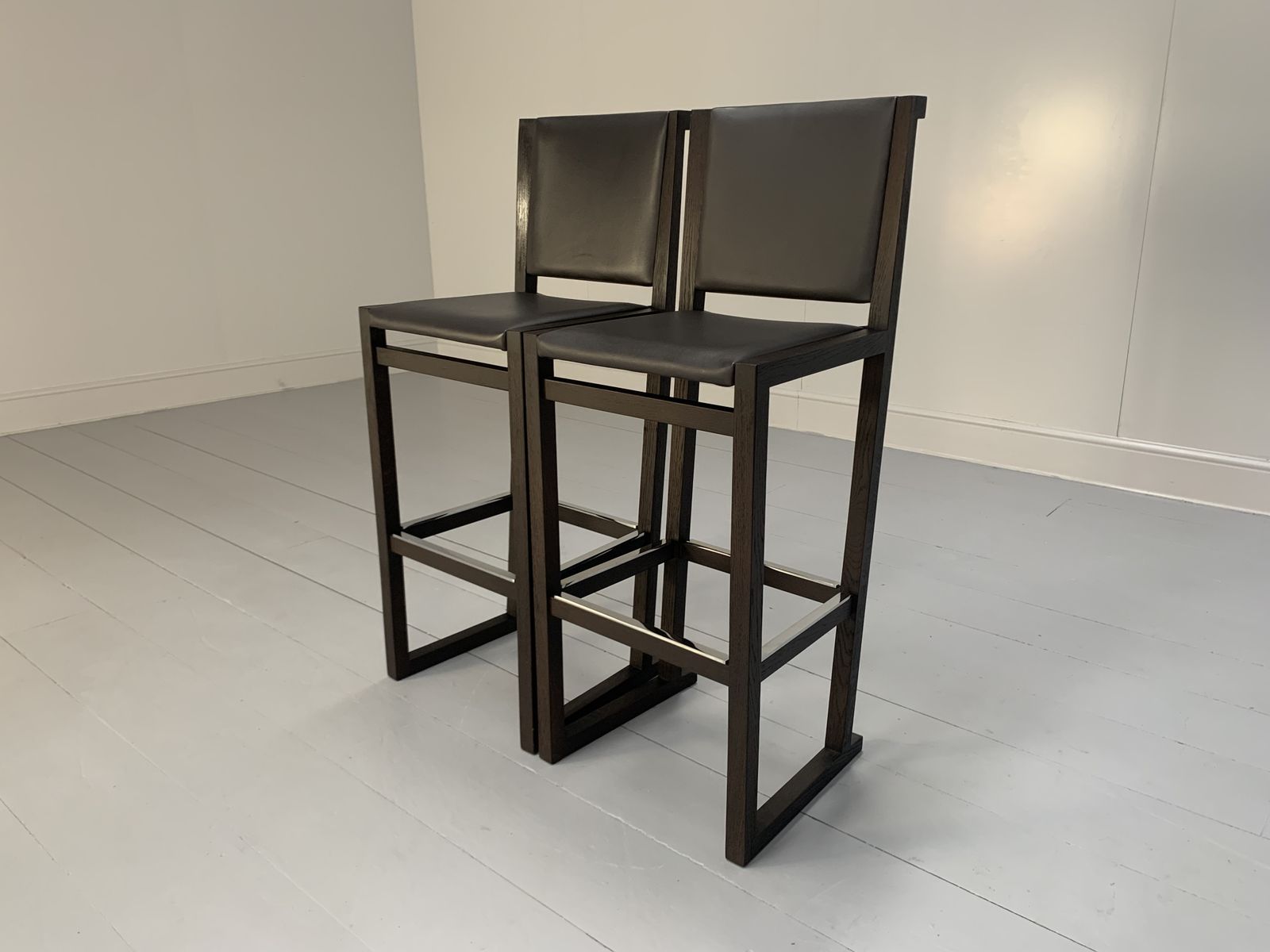 Pair Of B&B Italia “Musa Sm46g” Tall Bar Stool Chairs – In Dark Grey “Kasia” Leather