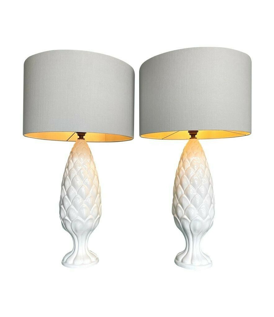 A Pair Of Large Italian 1970s Ceramic Pineapple Lamps With New Bespoke Shades