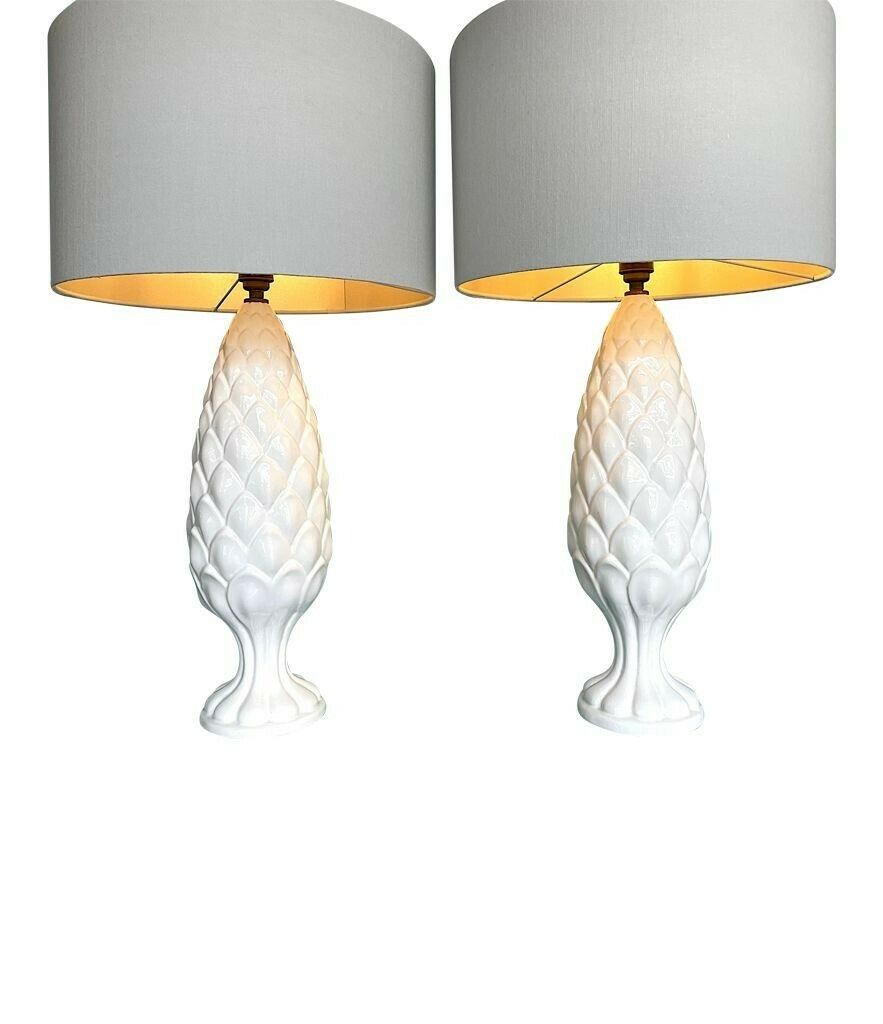 A Pair Of Large Italian 1970s Ceramic Pineapple Lamps With New Bespoke Shades photo for sale