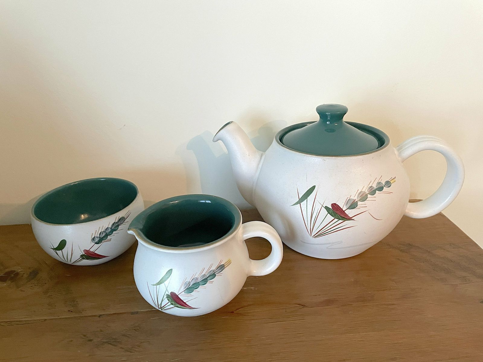 Denby Greenwheat Tea Set, 3 Piece Mid Century Stoneware Teapot, Sugar Bowl & Jug, Vintage 50s Green Botanical Tea Set Country Cottage Decor photo for sale