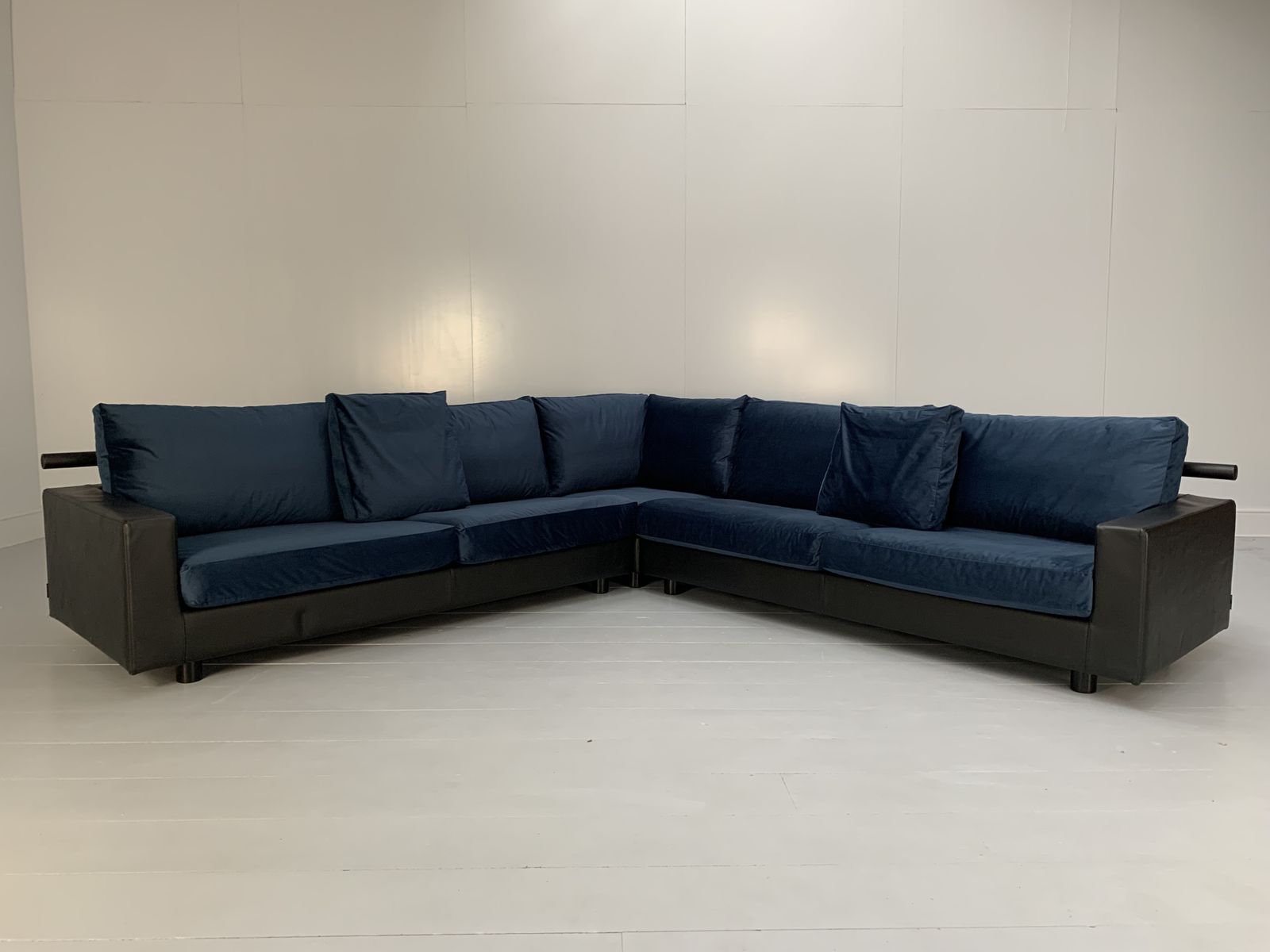 Flexform “Status” Sectional L Shape Sofa – In Black Leather & Blue Velvet photo for sale