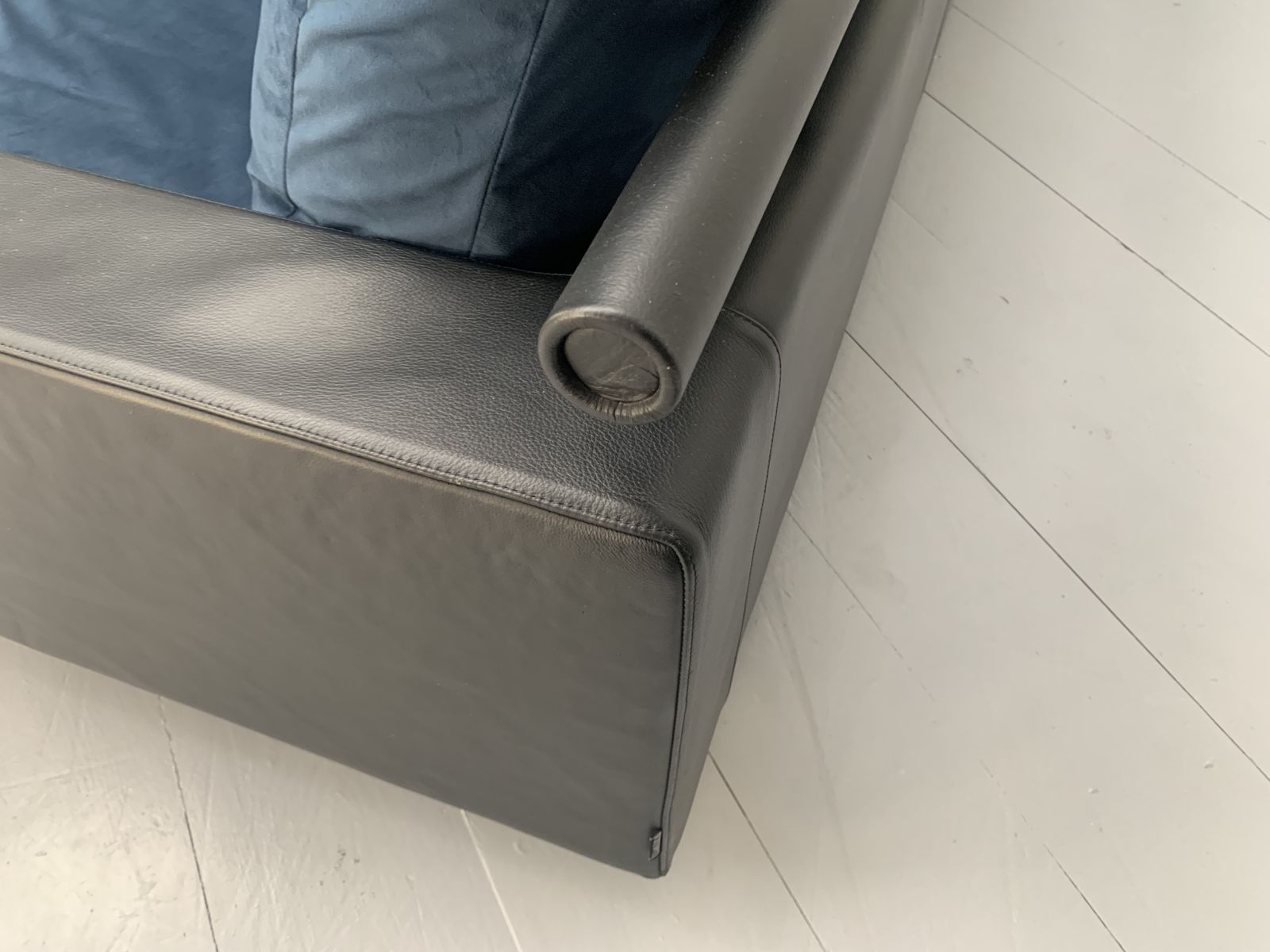 photo furniture Flexform “Status” Sectional L Shape Sofa – In Black Leather & Blue Velvet