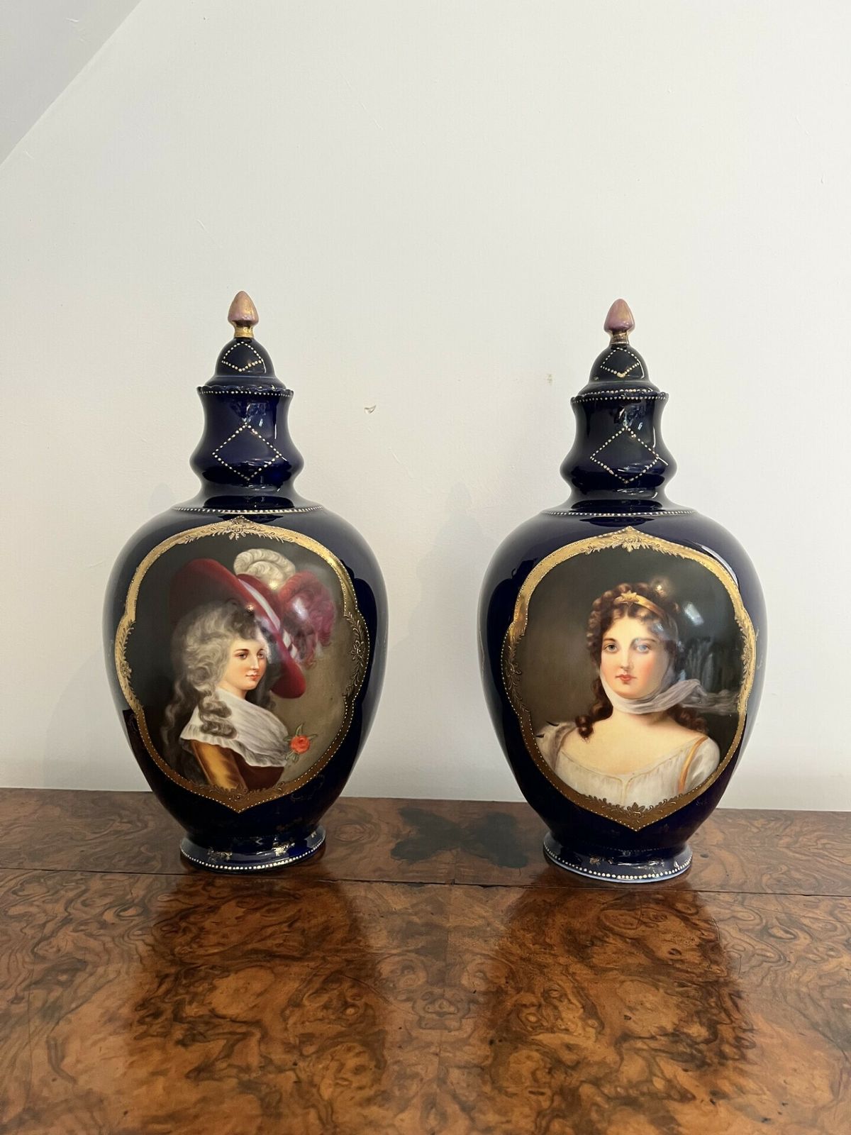 Pair Of Quality Antique Porcelain Hand Painted Lidded Vases