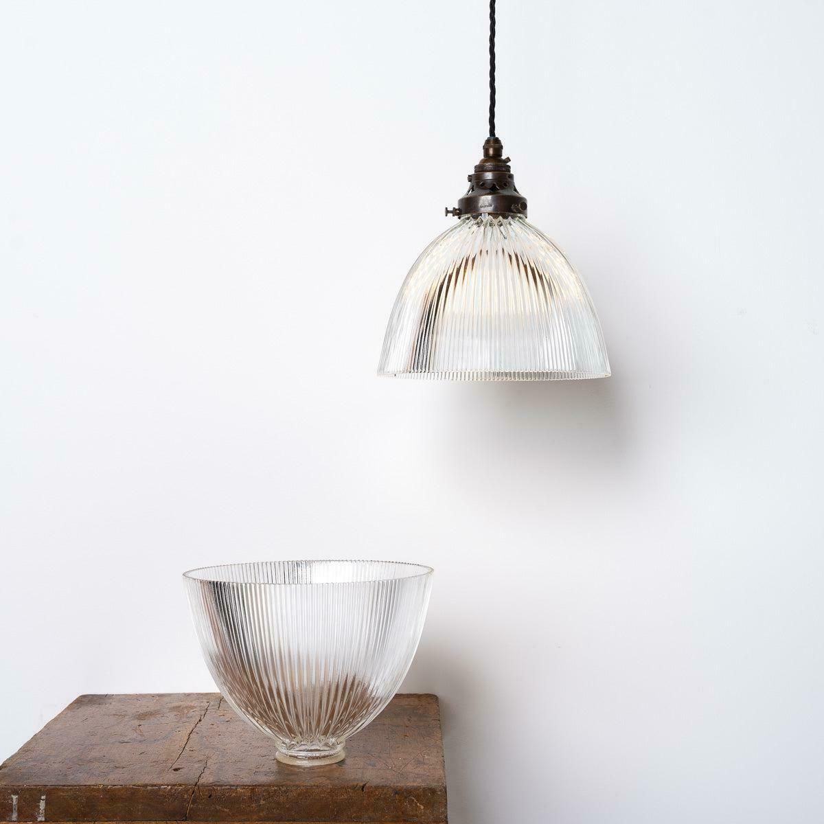 Reclaimed Holophane Prismatic Glass Church Lights With Brass Galleries photo Lighting