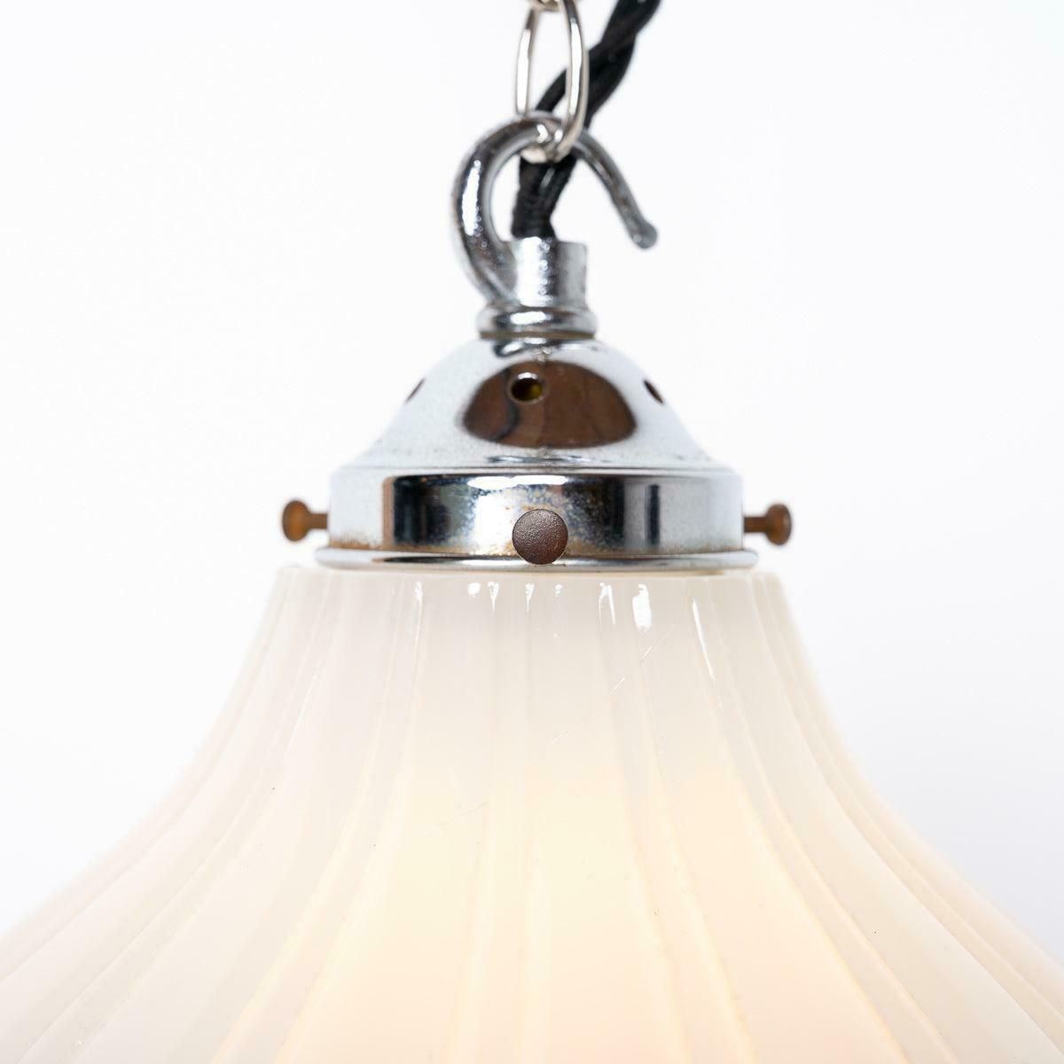 photo vintage Pair Of Antique Moonstone Glass Pendant Lights With Chrome Fittings