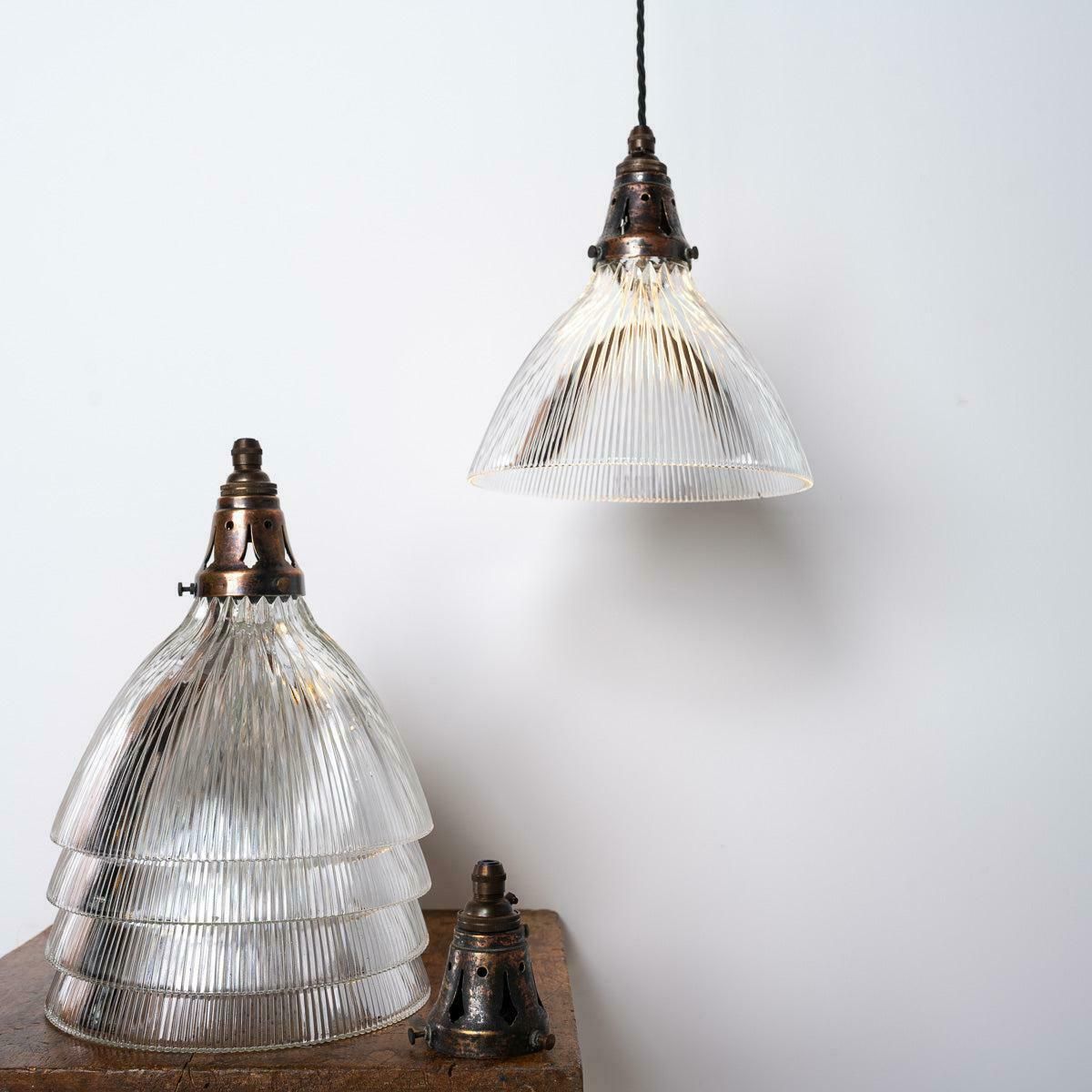 Antique Holophane Pendant Lights With Original Brass Fittings photo for sale