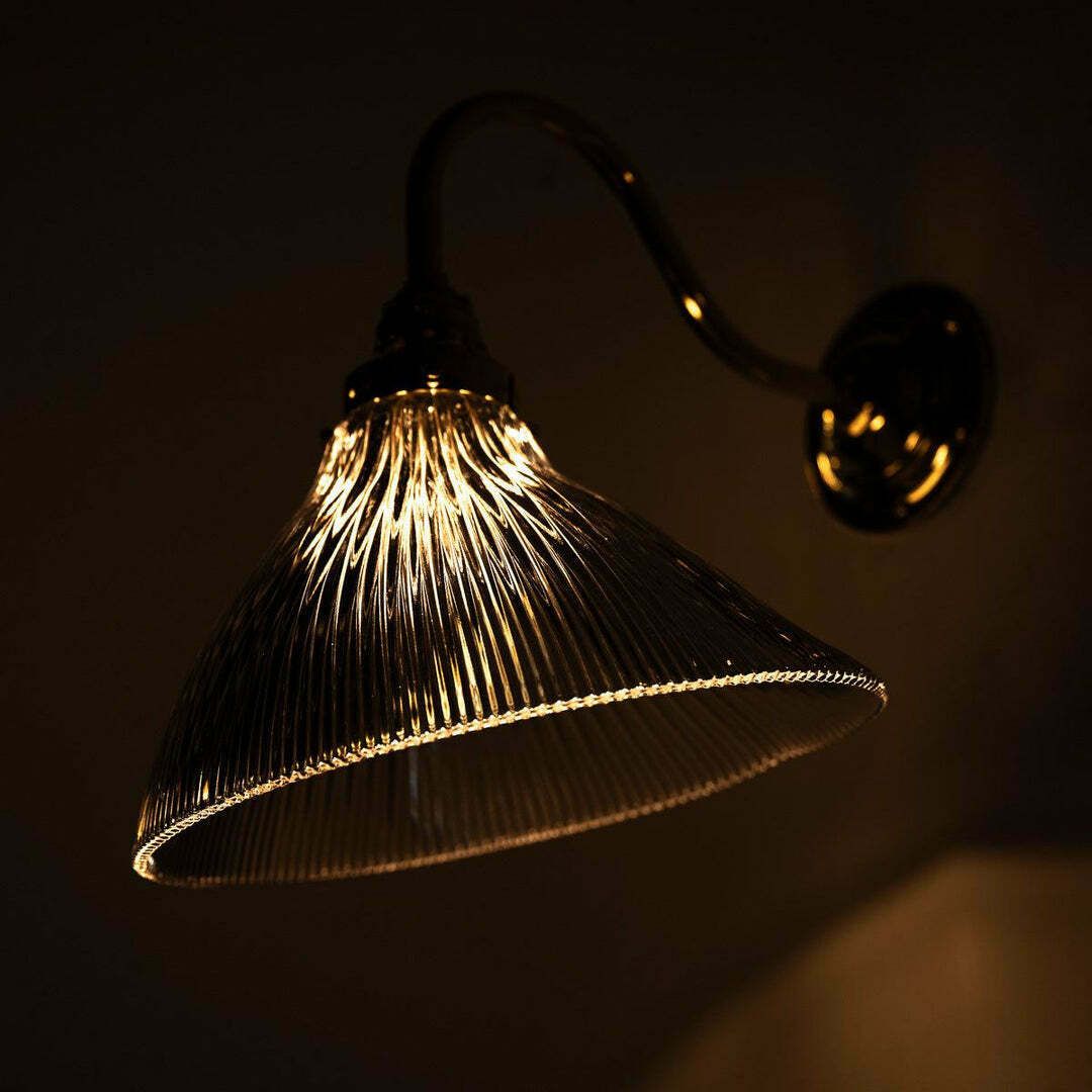 Antique Holophane Angled Prismatic Glass Wall Lights On Polished Brass Brackets photo vintage