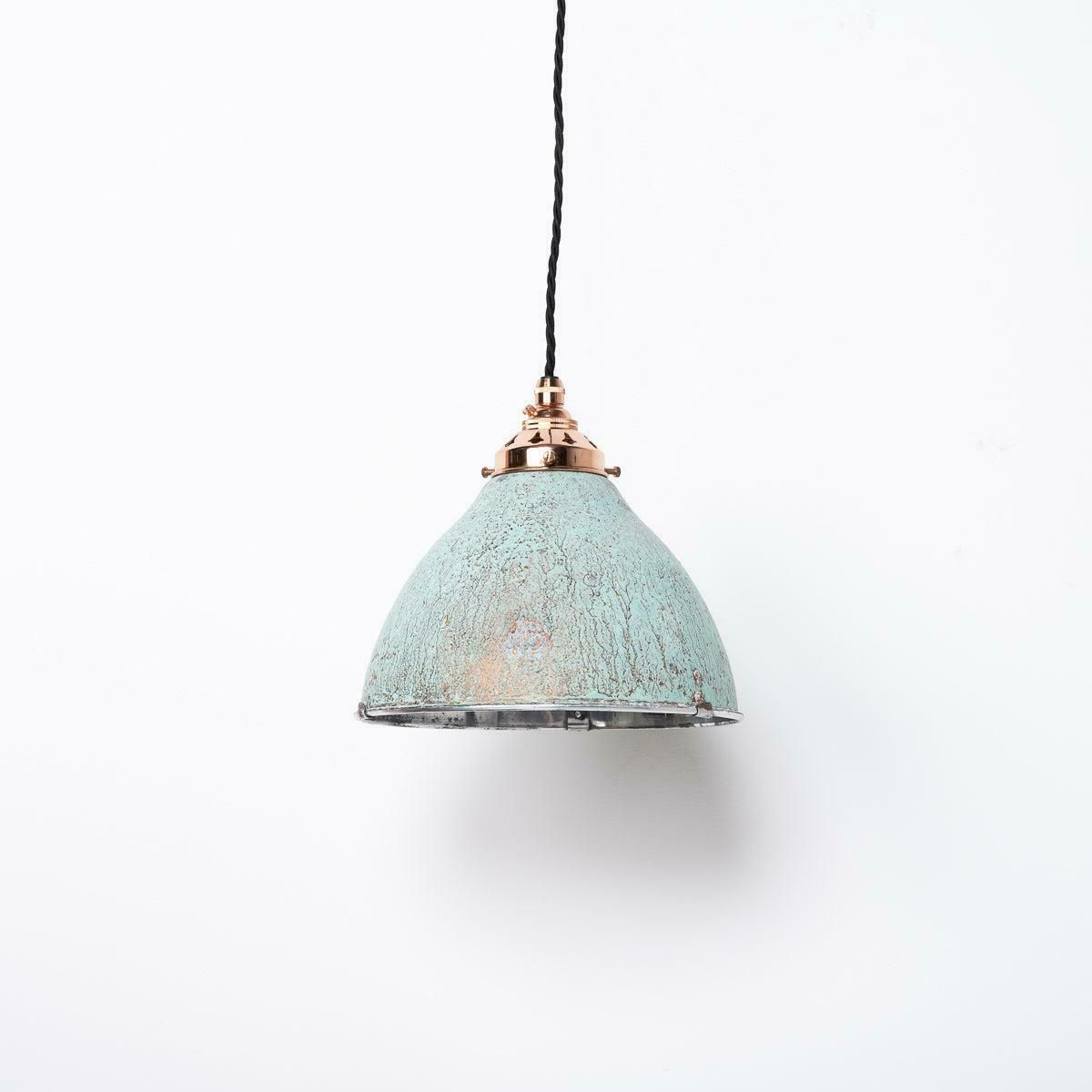 Reclaimed Industrial Holophane Verdigris Coppered Spun Aluminium Pendant Lights photo for sale