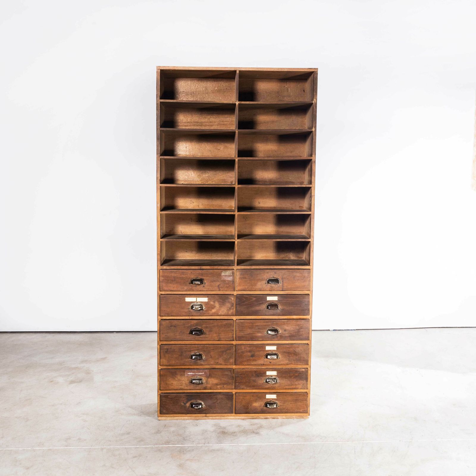 1940’s Tall French Workshop Shelves  Twelve Drawers