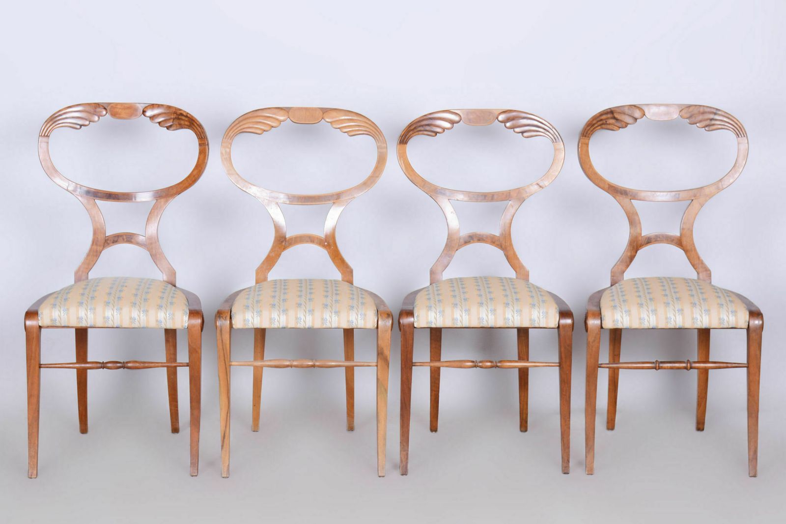 photo furniture Restored Biedermeier Set Of Four Chairs, Filigree Viennese Chair Model, Oak, Walnut, Vienna, Austria, 1820s