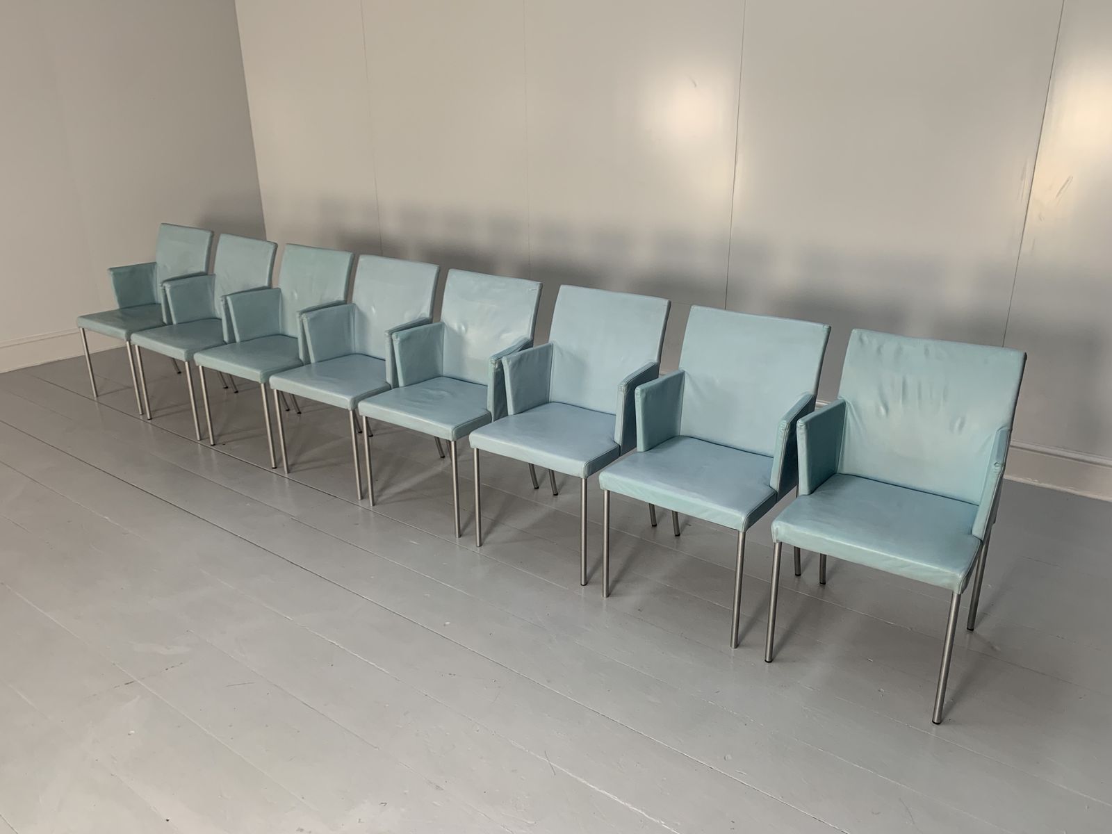 Suite Of 8 Walter Knoll “Jason 391” Dining Chairs – In Sky Blue Leather photo furniture