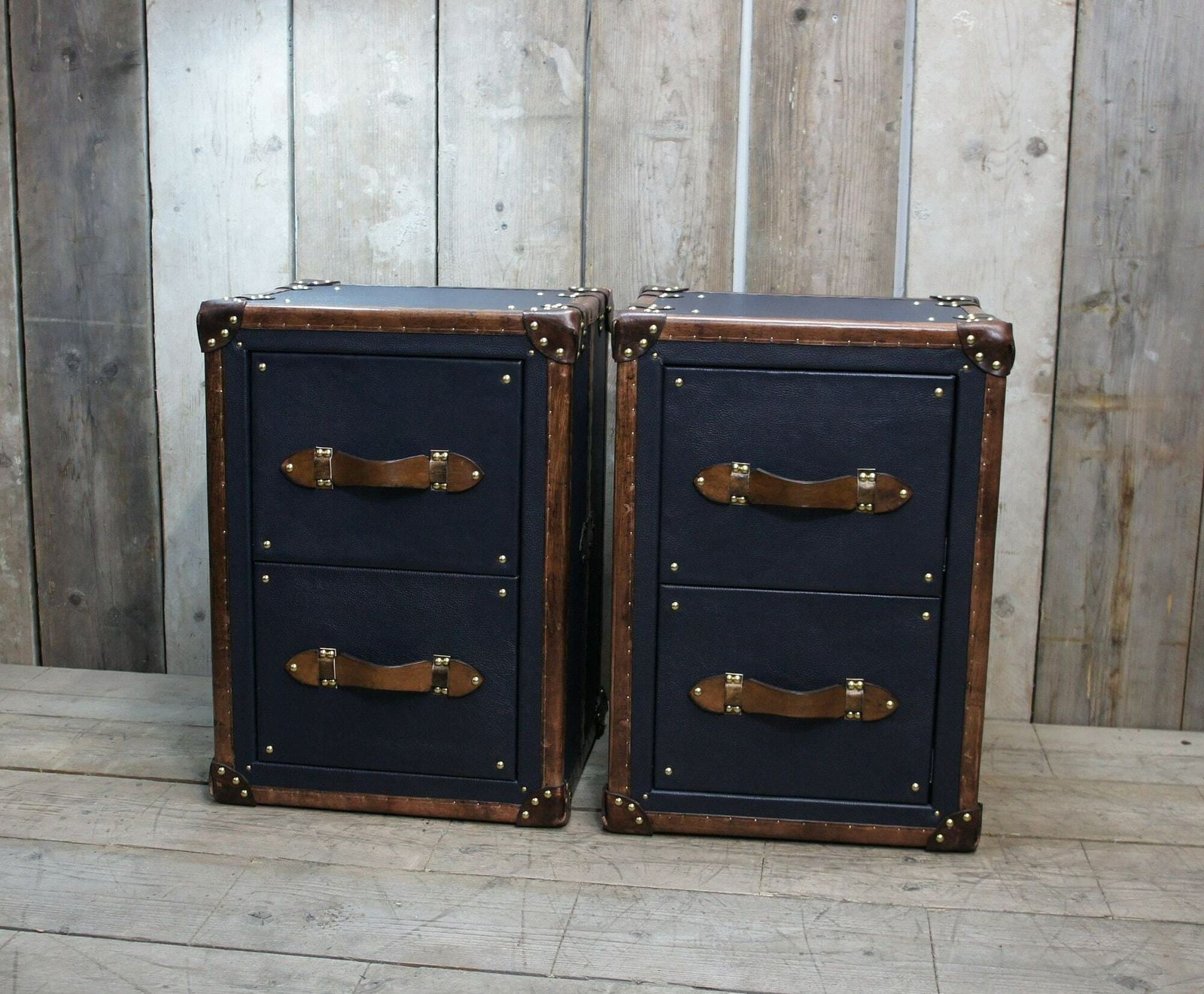 Pebble Blue & Tan Bridle Leather Luxury Night Stands Bedroom Furniture Side Tables Made In Nottingham England