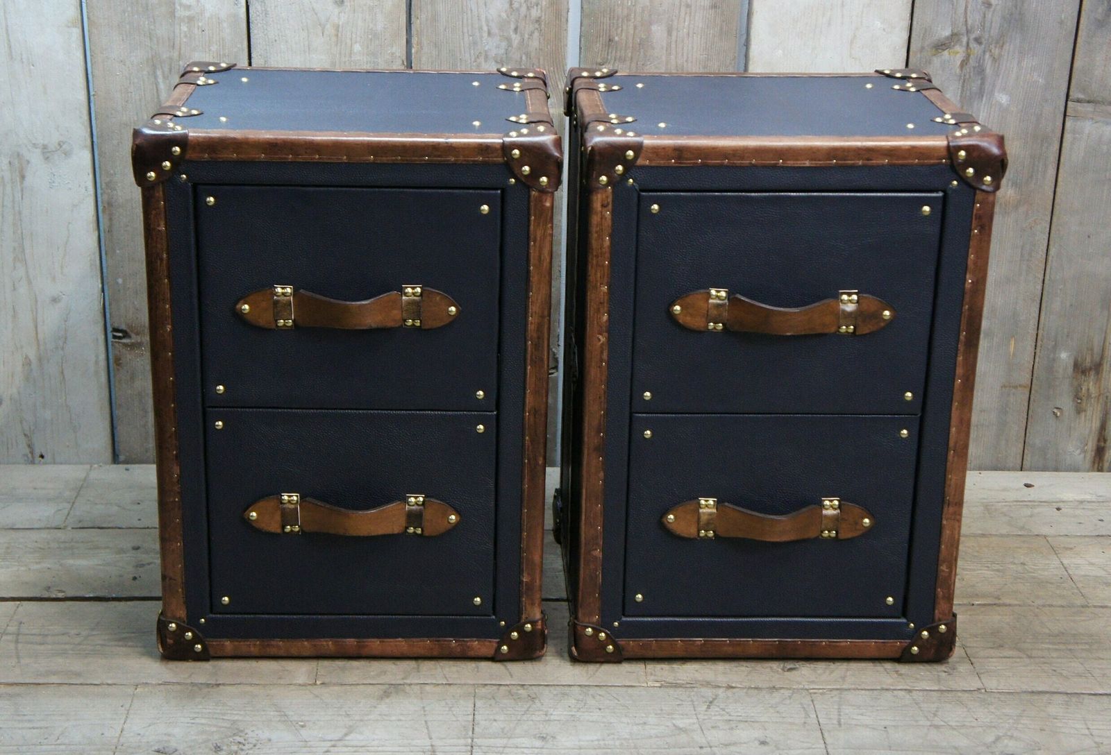 Pebble Blue & Tan Bridle Leather Luxury Night Stands Bedroom Furniture Side Tables Made In Nottingham England photo for sale