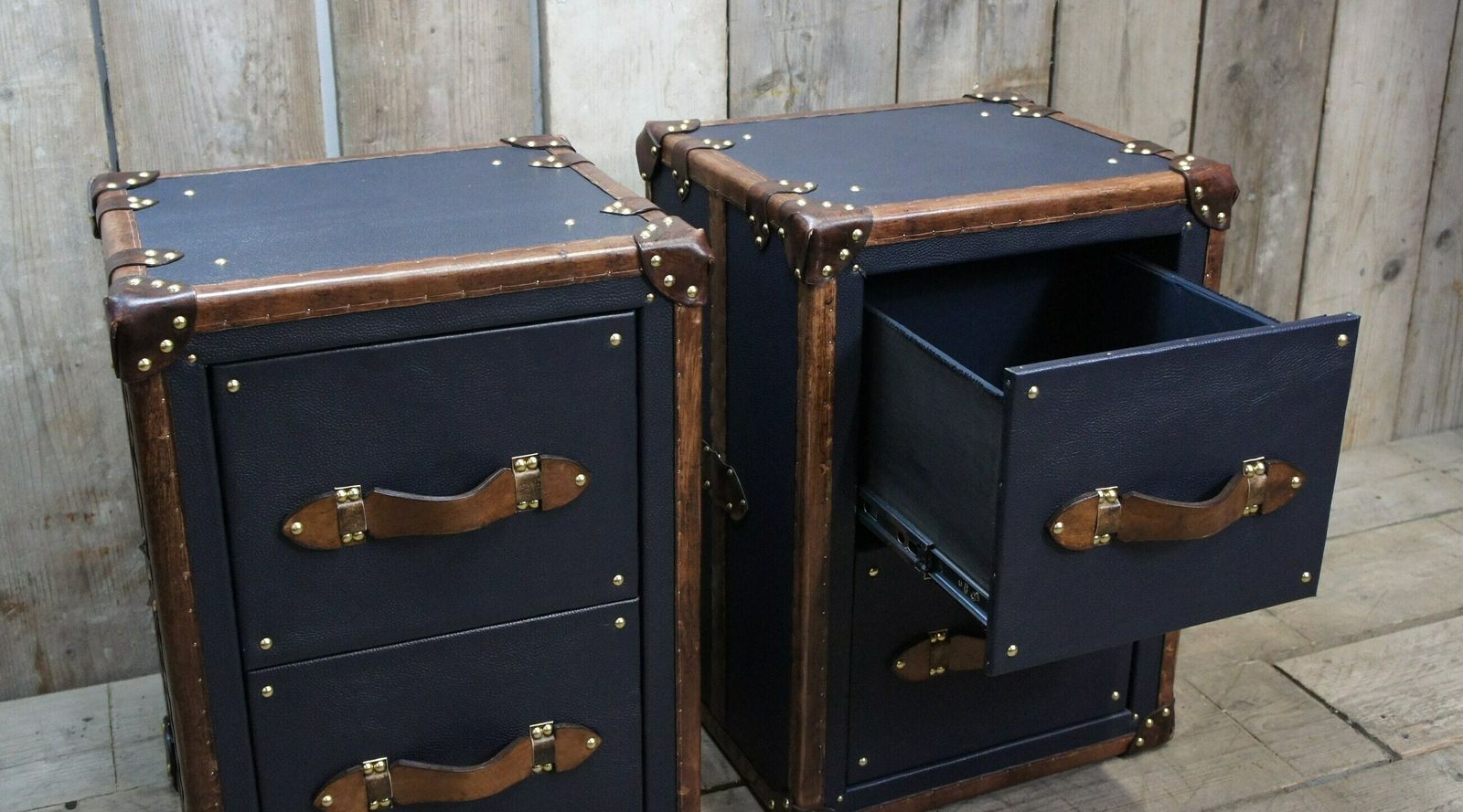 Pebble Blue & Tan Bridle Leather Luxury Night Stands Bedroom Furniture Side Tables Made In Nottingham England photo Furniture