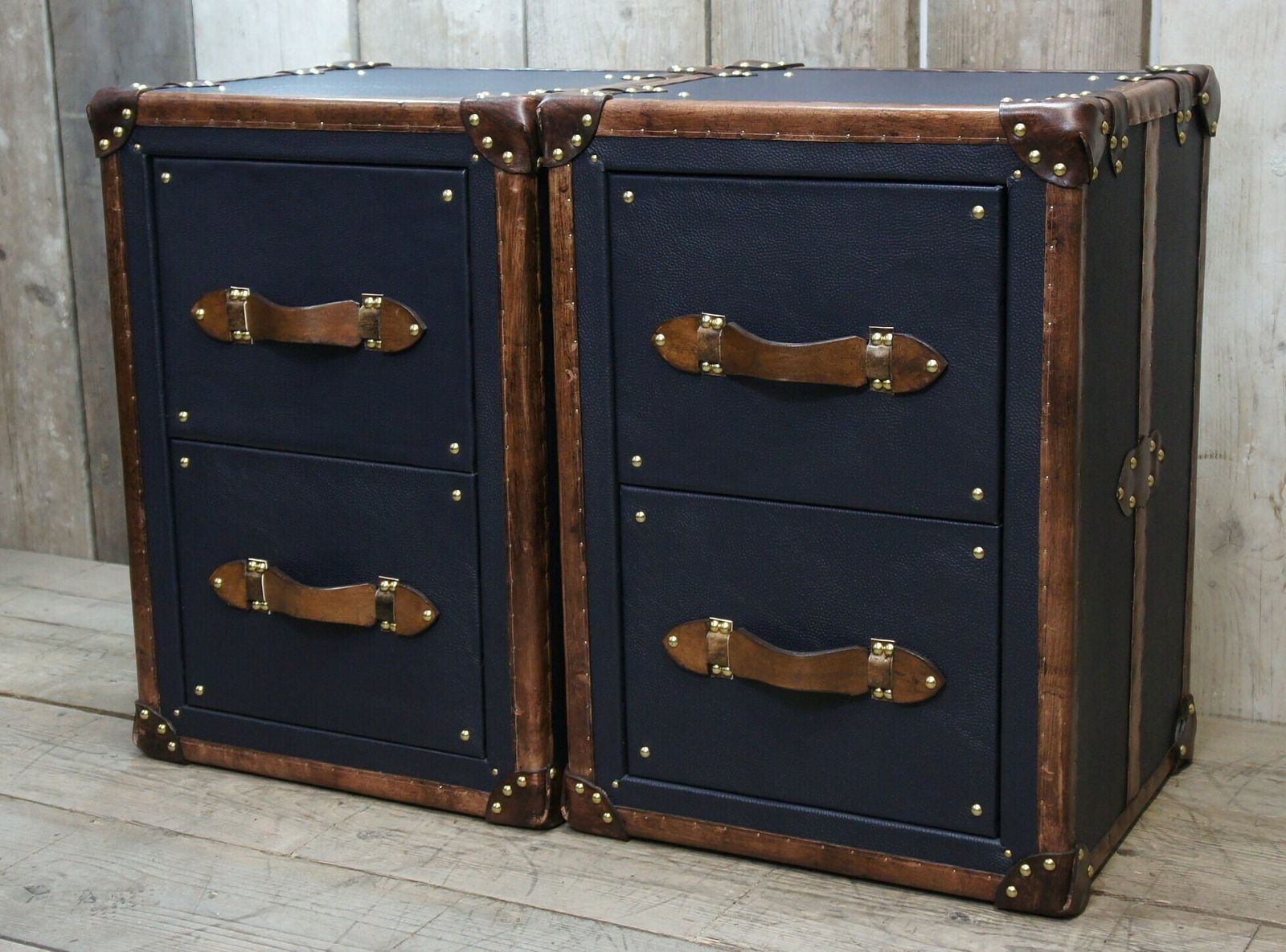 Pebble Blue & Tan Bridle Leather Luxury Night Stands Bedroom Furniture Side Tables Made In Nottingham England photo vintage