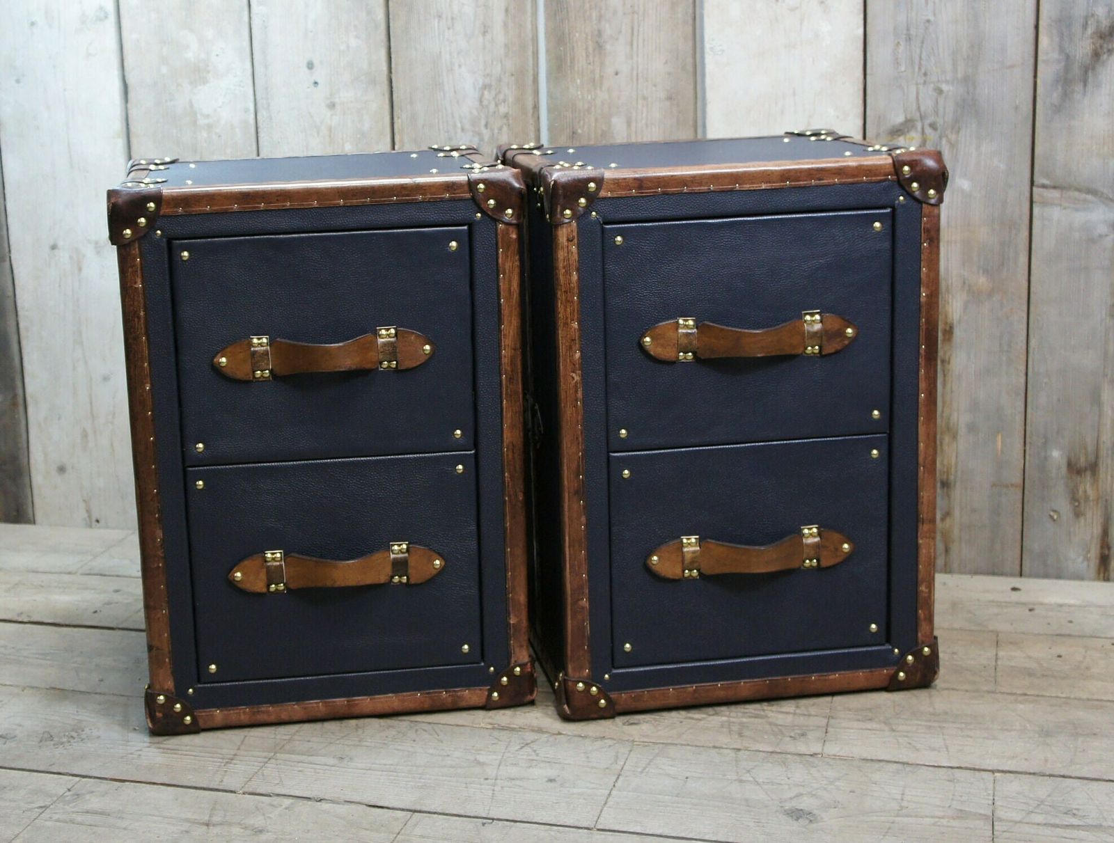 photo furniture Pebble Blue & Tan Bridle Leather Luxury Night Stands Bedroom Furniture Side Tables Made In Nottingham England