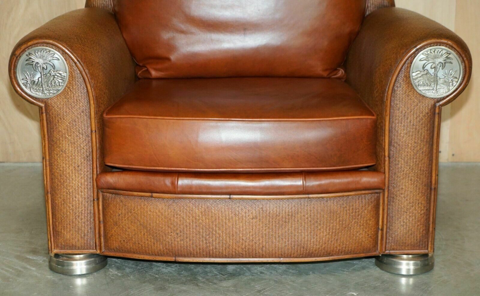 Thomasville Safari Leather Woven Armchair & Footstool Ottoman Brown Leather photo 2950.0