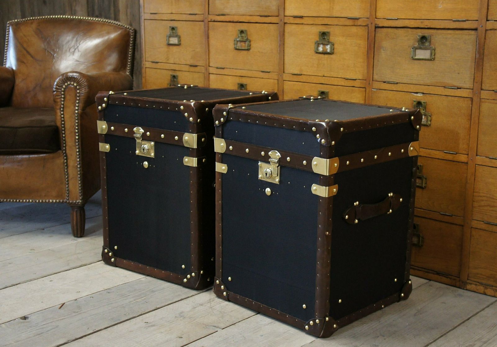 Black Millerain And Antique Leather Occasional Side Table Trunks Made In Nottingham England photo vintage