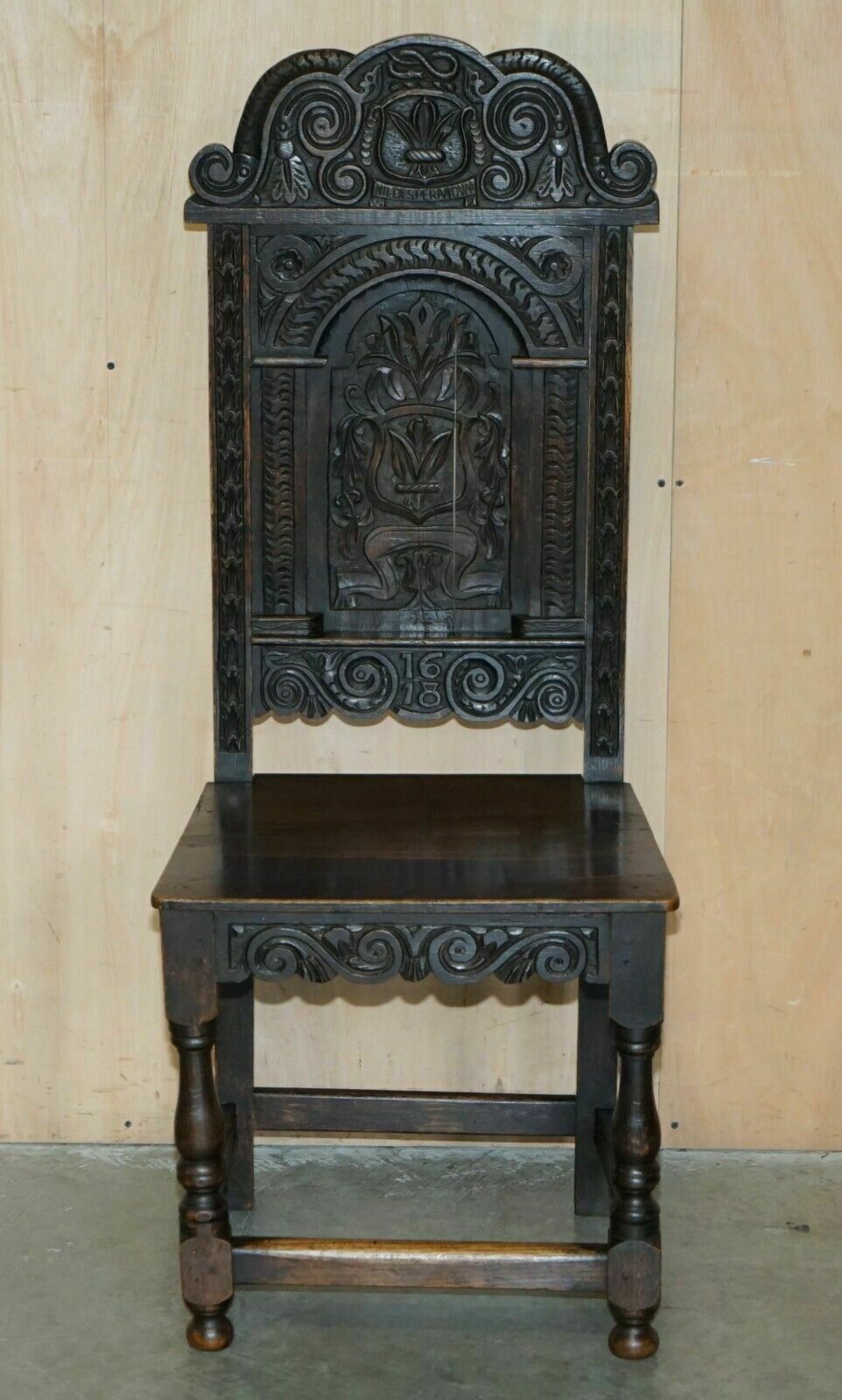 Antique Pair Of 17th Century Jacobean English Oak Chairs From The Film Hellboy photo for sale