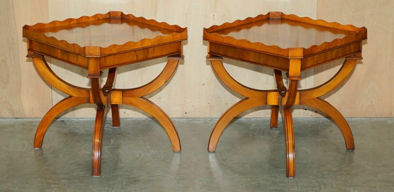 Pair Of Bevan Funnell England Burr Yew Side Tables Each With A Signle Drawer photo for sale